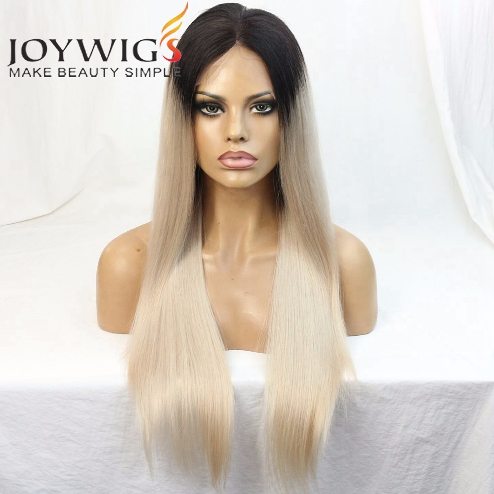 Joywigs 22 150% Silky Straight Ombre Grey Middle Part Lace Front Wig